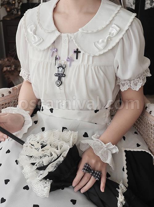 White Everyday Cute Transparent Love Button Puff Sleeve Lace Classic Lolita Short Shirt coscarnival