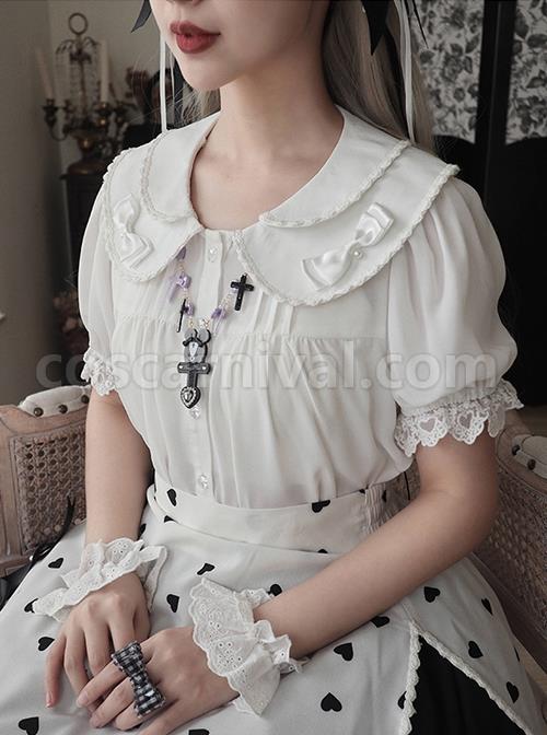 White Everyday Cute Transparent Love Button Puff Sleeve Lace Classic Lolita Short Shirt coscarnival