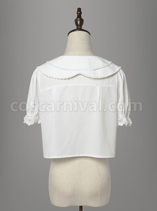 White Everyday Cute Transparent Love Button Puff Sleeve Lace Classic Lolita Short Shirt coscarnival
