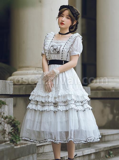 White-Jacquard-Butterfly-Embroidered-Elegant-Square-Neck-Multi-Layer-Lace-Hem-Classic-Lolita-Short-Sleeve-Dress-coscarnival-1896