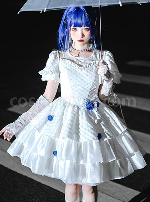 White Jacquard Lace Puff Sleeve Blue Rose Decoration Sexy Gothic Lolita Short Sleeve Dress coscarnival