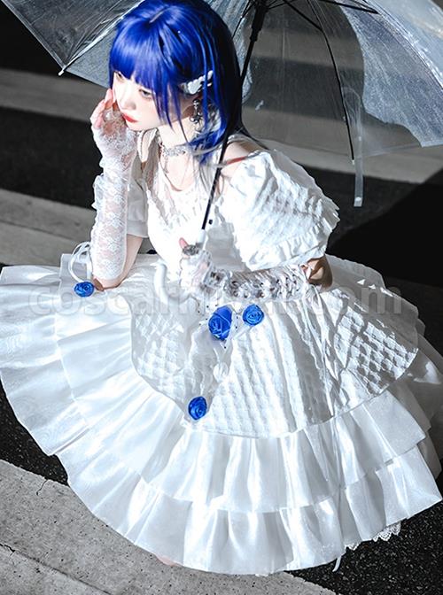 White Jacquard Lace Puff Sleeve Blue Rose Decoration Sexy Gothic Lolita Short Sleeve Dress coscarnival