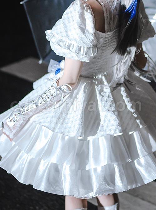 White Jacquard Lace Puff Sleeve Blue Rose Decoration Sexy Gothic Lolita Short Sleeve Dress coscarnival