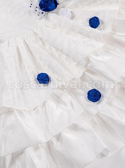 White Jacquard Lace Puff Sleeve Blue Rose Decoration Sexy Gothic Lolita Short Sleeve Dress coscarnival