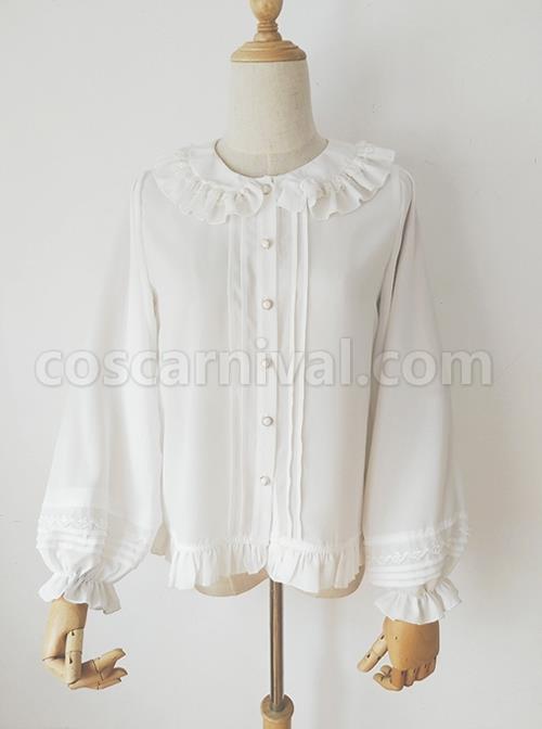 White Lace Doll Collar Chiffon Lantern Sleeve Ruffle Classic Lolita Long Sleeve Shirt coscarnival