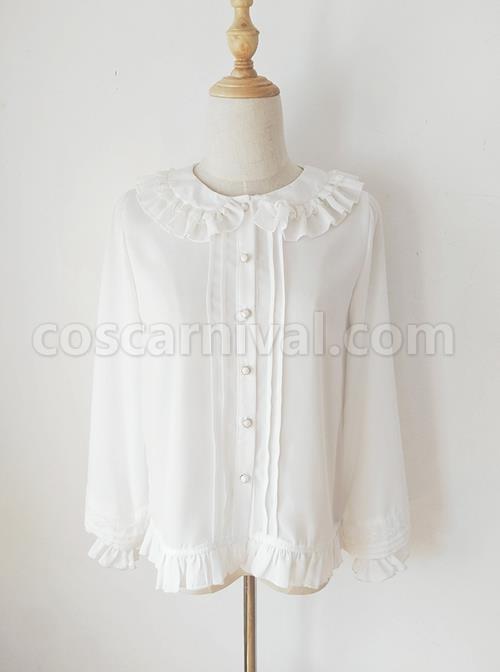 White Lace Doll Collar Chiffon Lantern Sleeve Ruffle Classic Lolita Long Sleeve Shirt coscarnival