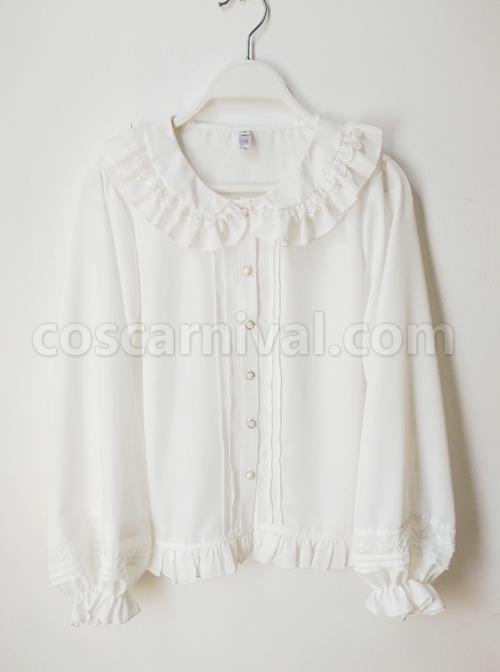 White Lace Doll Collar Chiffon Lantern Sleeve Ruffle Classic Lolita Long Sleeve Shirt coscarnival
