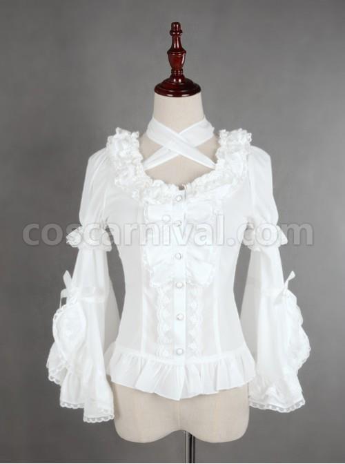 White Lace Short Sleeve And Flare Sleeve Lolita Hang The neck Blouse coscarnival
