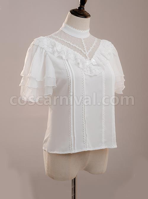 White Layered Pleated Lace Jacquard V Neckline Design Elegantly Ruffled Short Sleeves Bow Knot Classic Lolita Shirt coscarnival
