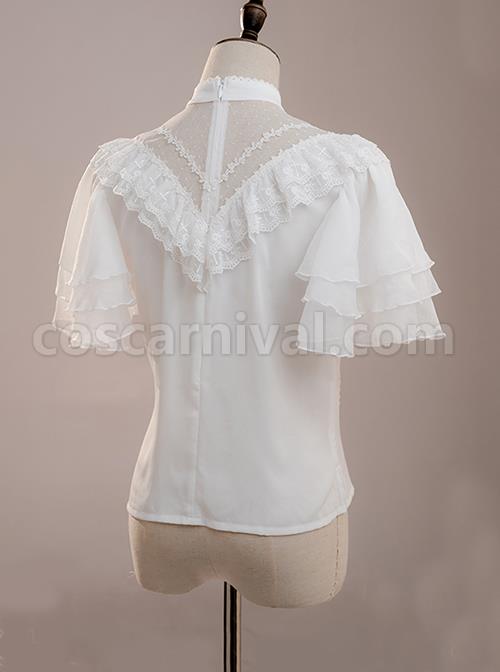 White Layered Pleated Lace Jacquard V Neckline Design Elegantly Ruffled Short Sleeves Bow Knot Classic Lolita Shirt coscarnival