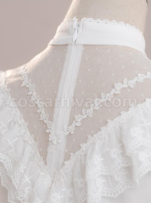 White Layered Pleated Lace Jacquard V Neckline Design Elegantly Ruffled Short Sleeves Bow Knot Classic Lolita Shirt coscarnival
