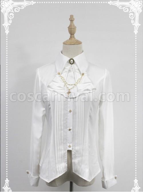 White Long Sleeve Cotton Stand Collar Bead Chain Lolita Blouse coscarnival