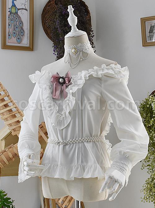 White Off Shoulder Ruffles Classic Lolita Long Sleeve Shirt coscarnival