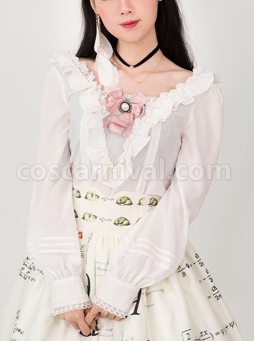 White Off Shoulder Ruffles Classic Lolita Long Sleeve Shirt coscarnival