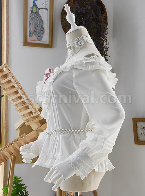 White Off Shoulder Ruffles Classic Lolita Long Sleeve Shirt coscarnival