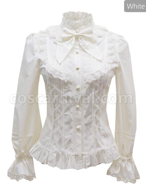 White Or Black High Collar Ruffle Classic Lolita Long Sleeve Shirt coscarnival