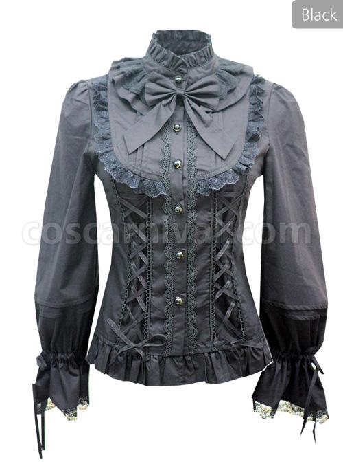 White Or Black High Collar Ruffle Classic Lolita Long Sleeve Shirt coscarnival