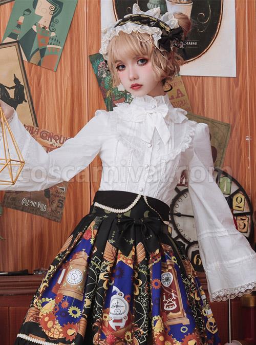 White Or Black High Collar Ruffle Classic Lolita Long Sleeve Shirt coscarnival