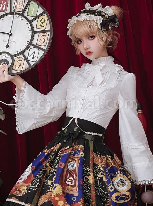 White Or Black High Collar Ruffle Classic Lolita Long Sleeve Shirt coscarnival
