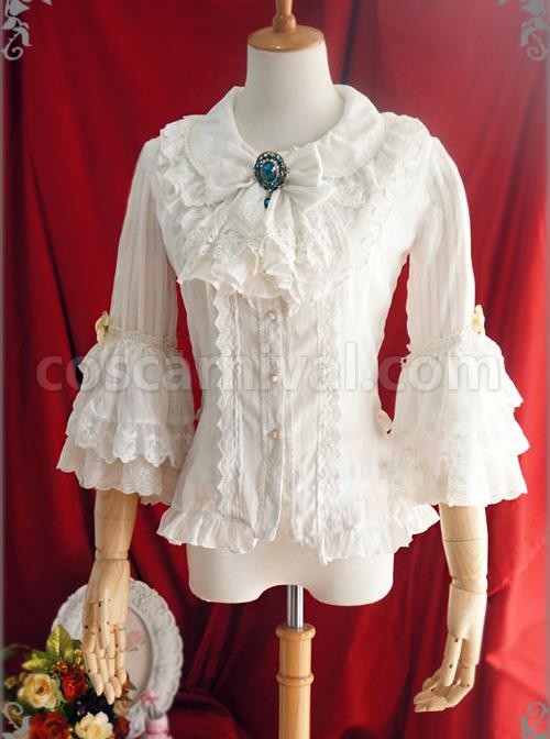 White Or Blue Chiffon Lace Doll Collar Bowknot Classic Lolita Trumpet Sleeve Shirt coscarnival