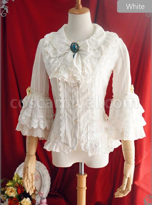White Or Blue Chiffon Lace Doll Collar Bowknot Classic Lolita Trumpet Sleeve Shirt coscarnival