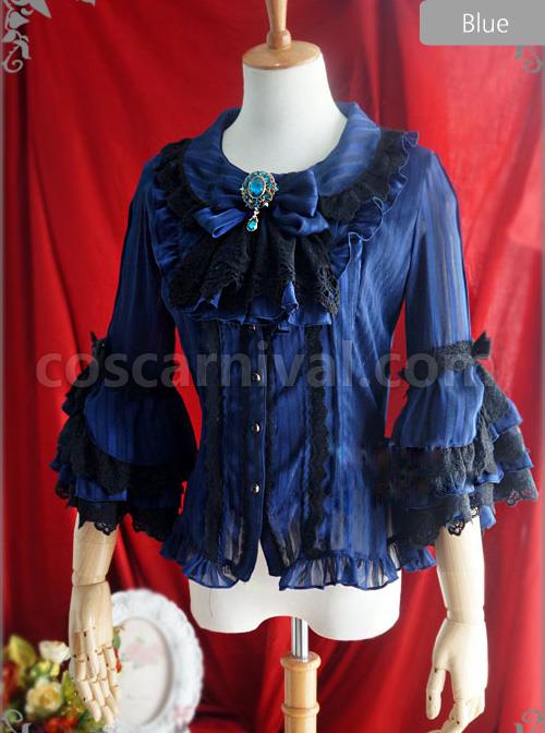 White Or Blue Chiffon Lace Doll Collar Bowknot Classic Lolita Trumpet Sleeve Shirt coscarnival