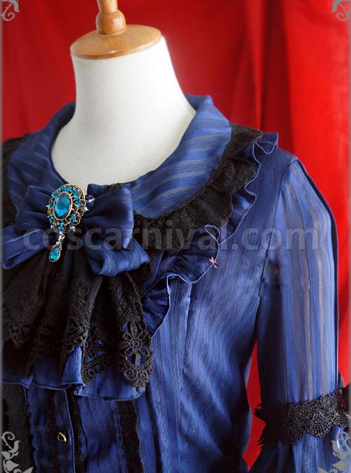 White Or Blue Chiffon Lace Doll Collar Bowknot Classic Lolita Trumpet Sleeve Shirt coscarnival