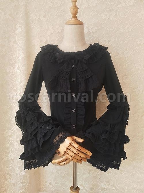 White Ornate Lace Flared Sleeves Lotus Leaf Collar Classic Lolita Vintage Slim Autumn And Winter Long Sleeve Shirt coscarnival