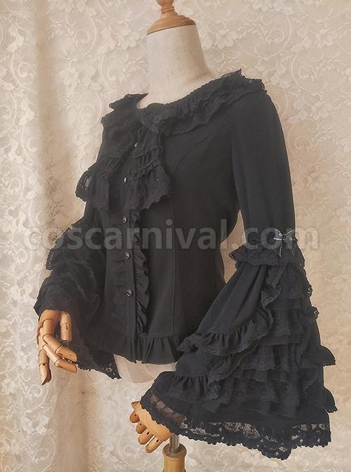 White Ornate Lace Flared Sleeves Lotus Leaf Collar Classic Lolita Vintage Slim Autumn And Winter Long Sleeve Shirt coscarnival