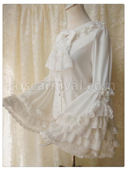 White Ornate Lace Flared Sleeves Lotus Leaf Collar Classic Lolita Vintage Slim Autumn And Winter Long Sleeve Shirt coscarnival