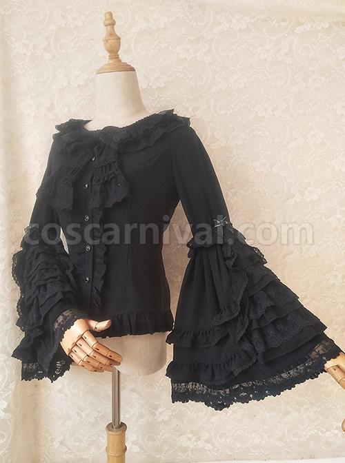 White Ornate Lace Flared Sleeves Lotus Leaf Collar Classic Lolita Vintage Slim Autumn And Winter Long Sleeve Shirt coscarnival