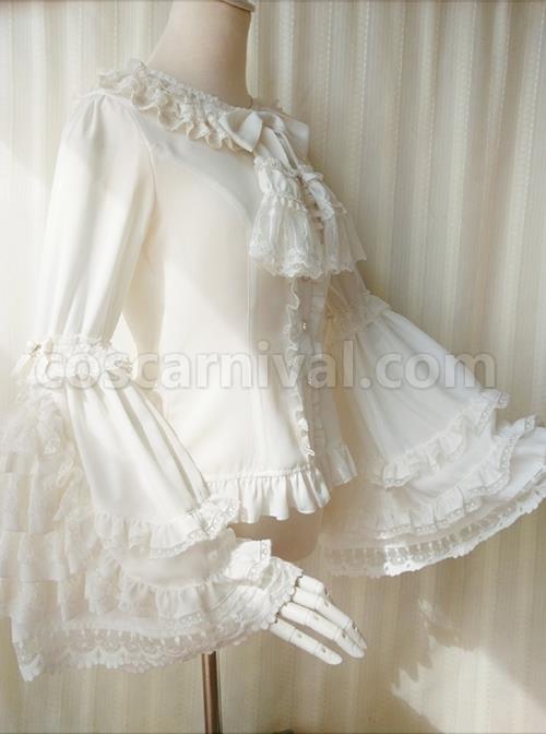 White Ornate Lace Flared Sleeves Lotus Leaf Collar Classic Lolita Vintage Slim Autumn And Winter Long Sleeve Shirt coscarnival