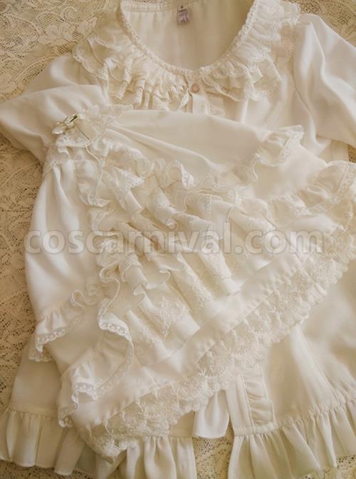 White Ornate Lace Flared Sleeves Lotus Leaf Collar Classic Lolita Vintage Slim Autumn And Winter Long Sleeve Shirt coscarnival