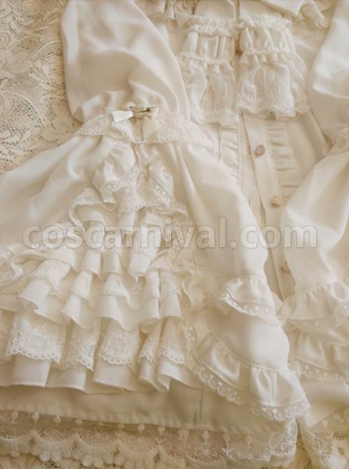White Ornate Lace Flared Sleeves Lotus Leaf Collar Classic Lolita Vintage Slim Autumn And Winter Long Sleeve Shirt coscarnival