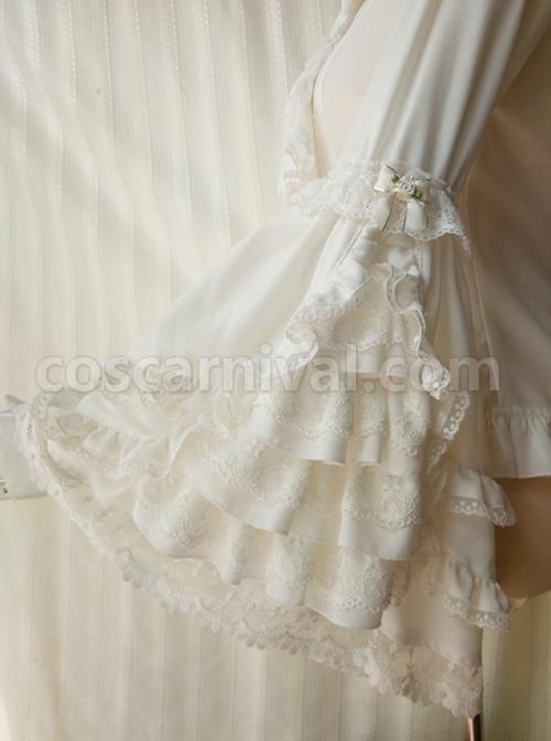 White Ornate Lace Flared Sleeves Lotus Leaf Collar Classic Lolita Vintage Slim Autumn And Winter Long Sleeve Shirt coscarnival