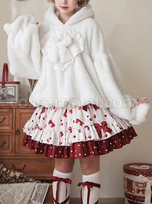 White Plush Cute Rabbit Ears Fluffy Lantern Sleeves Warm Sweet Lolita Blouse coscarnival