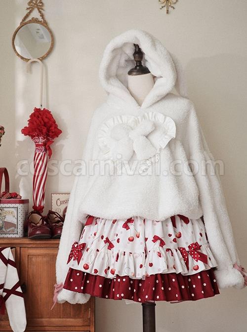 White Plush Cute Rabbit Ears Fluffy Lantern Sleeves Warm Sweet Lolita Blouse coscarnival