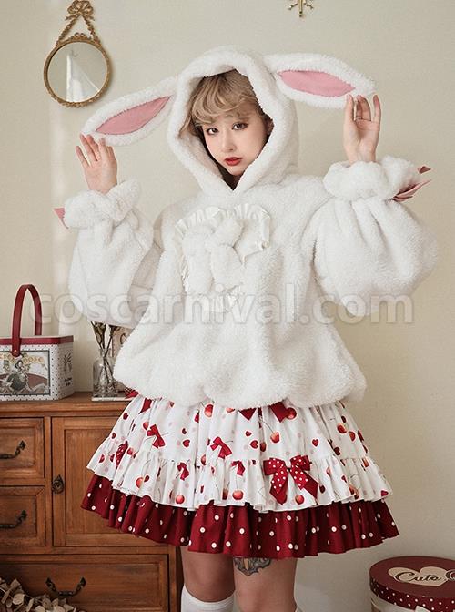 White Plush Cute Rabbit Ears Fluffy Lantern Sleeves Warm Sweet Lolita Blouse coscarnival