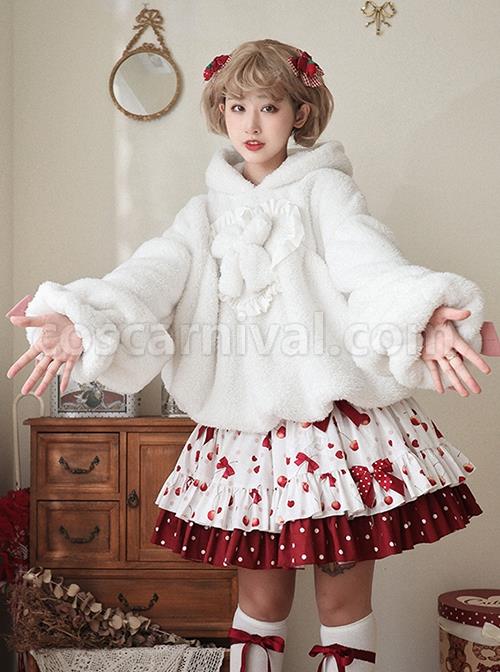 White Plush Cute Rabbit Ears Fluffy Lantern Sleeves Warm Sweet Lolita Blouse coscarnival
