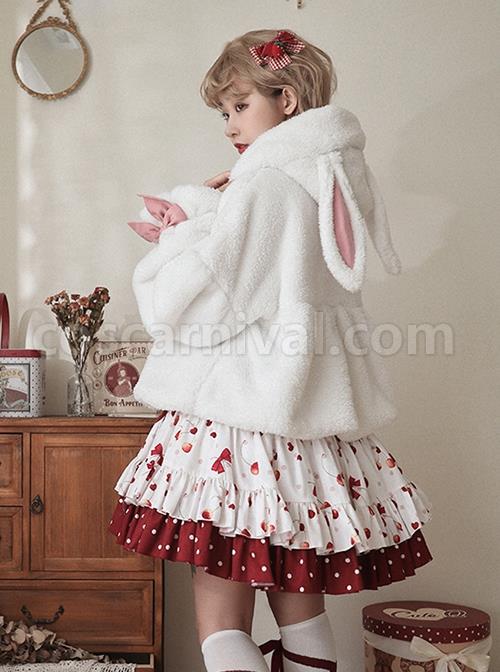 White Plush Cute Rabbit Ears Fluffy Lantern Sleeves Warm Sweet Lolita Blouse coscarnival