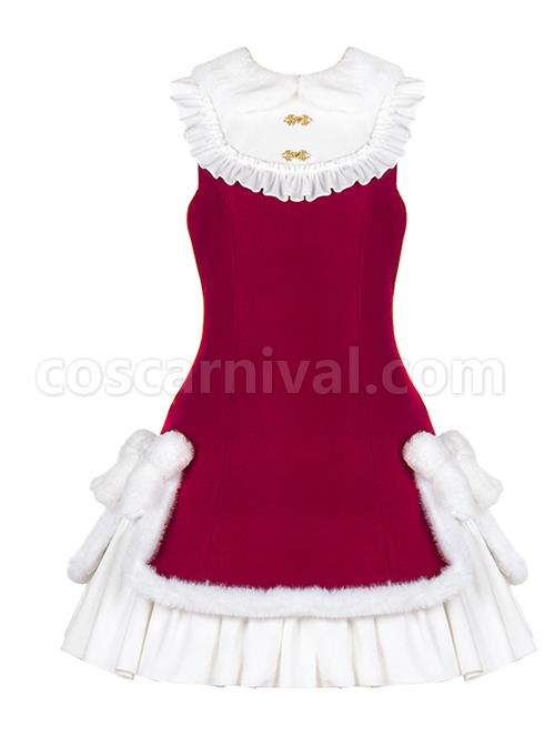 White-Plush-Round-Neck-Plush-Bow-Knot-Slit-Hem-Design-Winter-Classic-Lolita-Sleeveless-Dress-coscarnival-1879