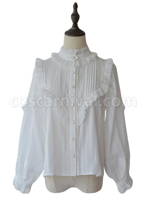 White Retro Ruffle Little Stand Collar Long Sleeve Classic Lolita Shirt coscarnival