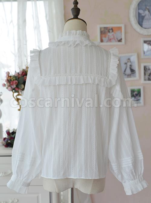 White Retro Ruffle Little Stand Collar Long Sleeve Classic Lolita Shirt coscarnival