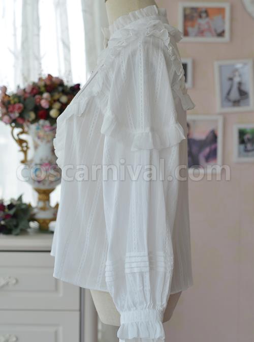 White Retro Ruffle Little Stand Collar Long Sleeve Classic Lolita Shirt coscarnival