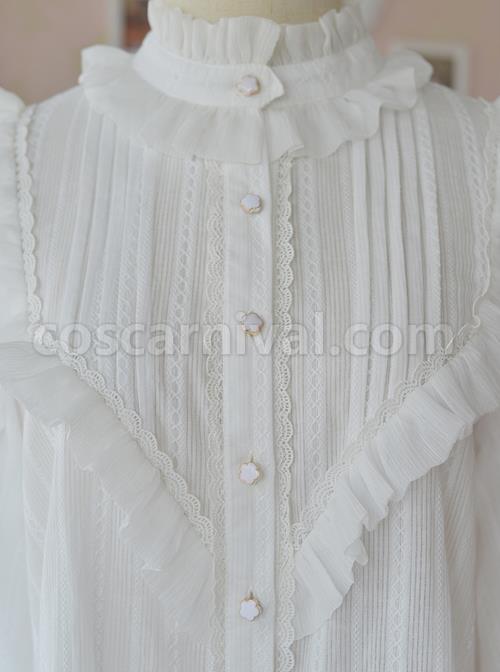 White Retro Ruffle Little Stand Collar Long Sleeve Classic Lolita Shirt coscarnival