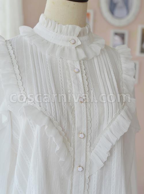White Retro Ruffle Little Stand Collar Long Sleeve Classic Lolita Shirt coscarnival