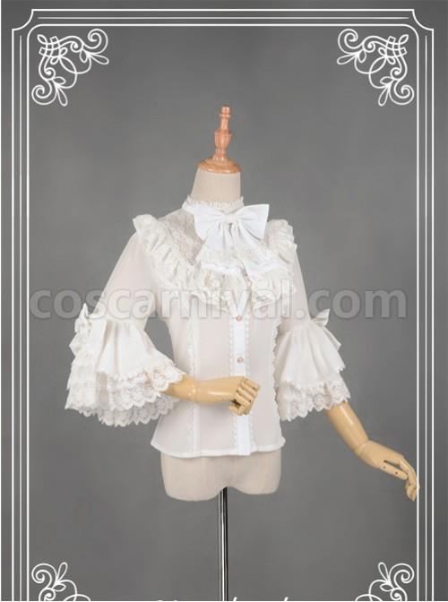 White Short Flare Sleeve Falbala Stand Collar Lolita Blouse coscarnival