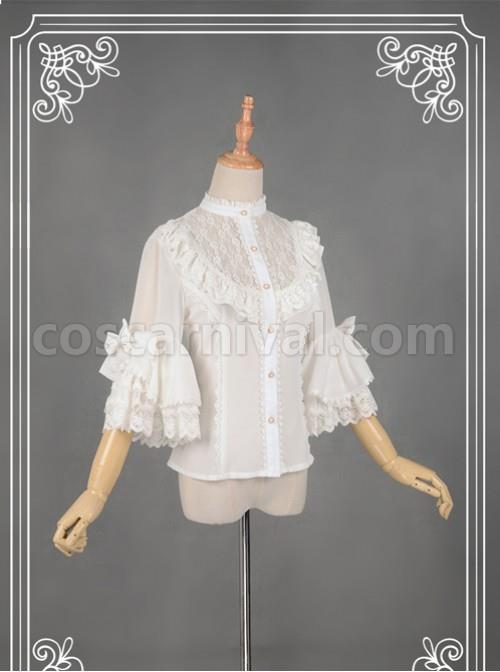 White Short Flare Sleeve Falbala Stand Collar Lolita Blouse coscarnival