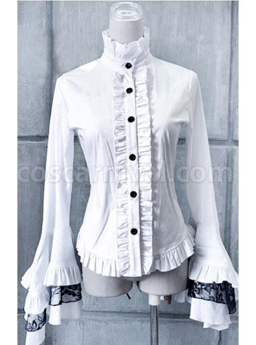 White Trumpet Sleeves Flounced Collar Slim Black Lace Gothic Lolita Shirt coscarnival