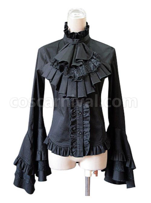 White Trumpet Sleeves Flounced Collar Slim Black Lace Gothic Lolita Shirt coscarnival